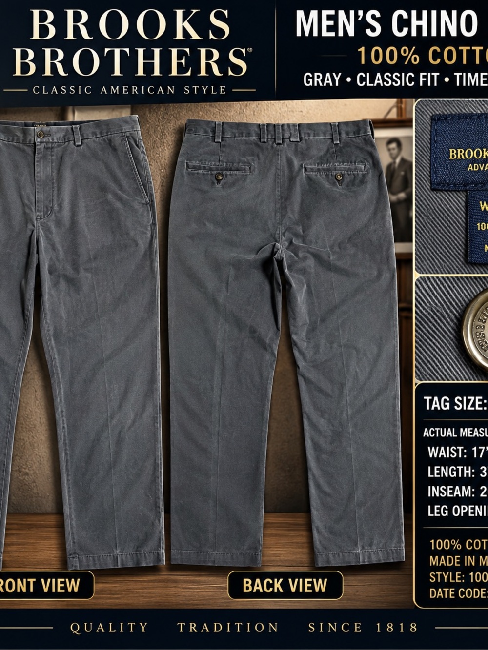Brooks Brothers Mens Chino Pants W37 L30 Gray 100% Cotton Washed Casual